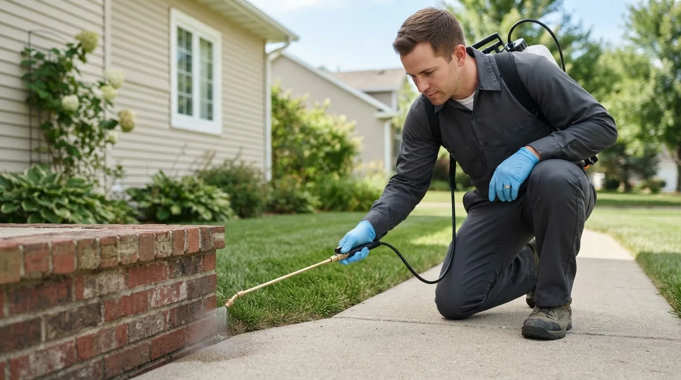 Pest control technician treating a home near Viola, KS
