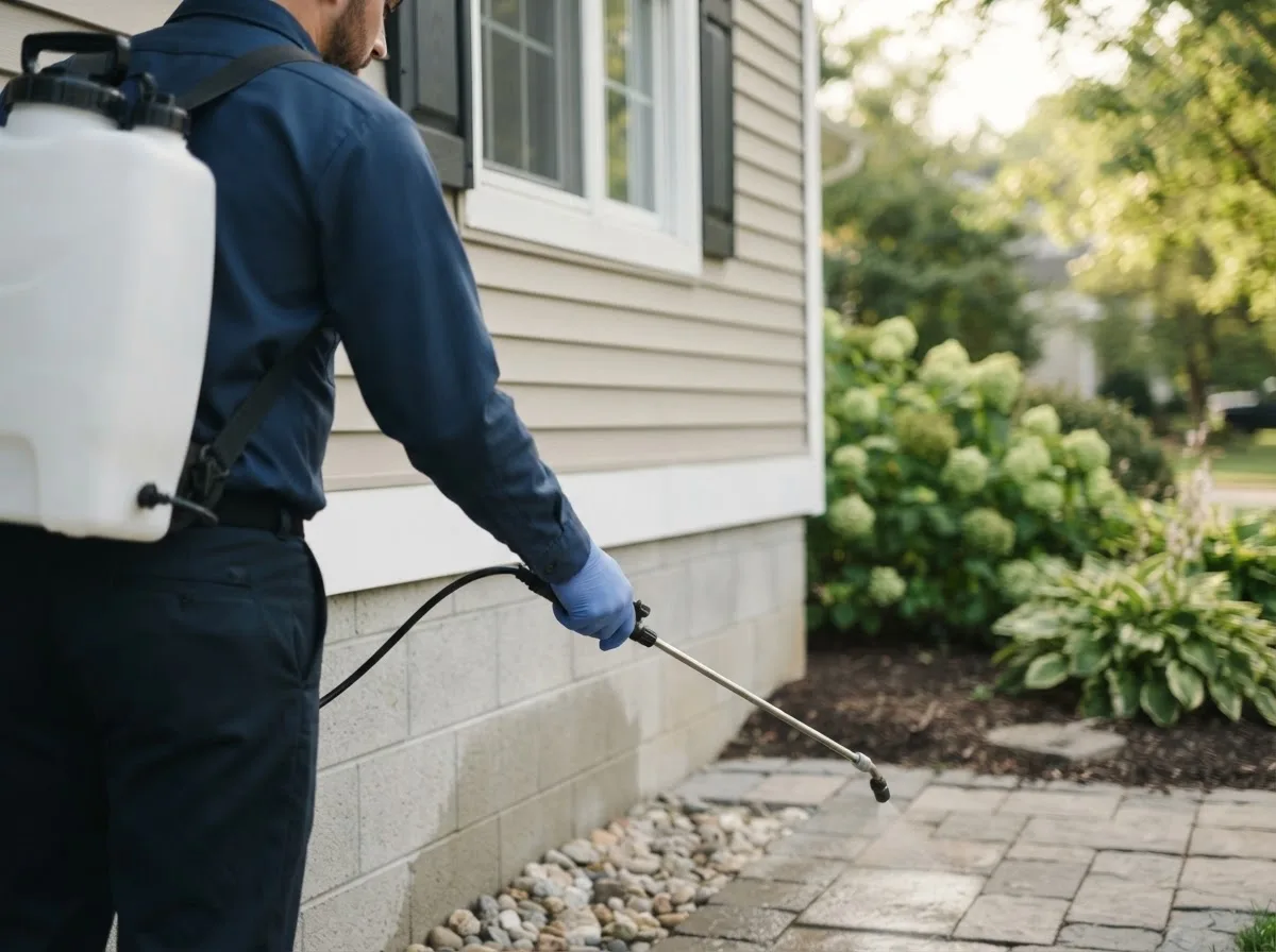Pest control technician inspecting a home in Viola, KS